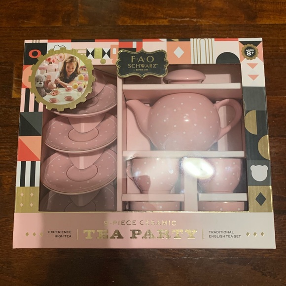 FAO Schwarz Pink Polka Dot Ceramic Tea Set - Picture 1 of 4